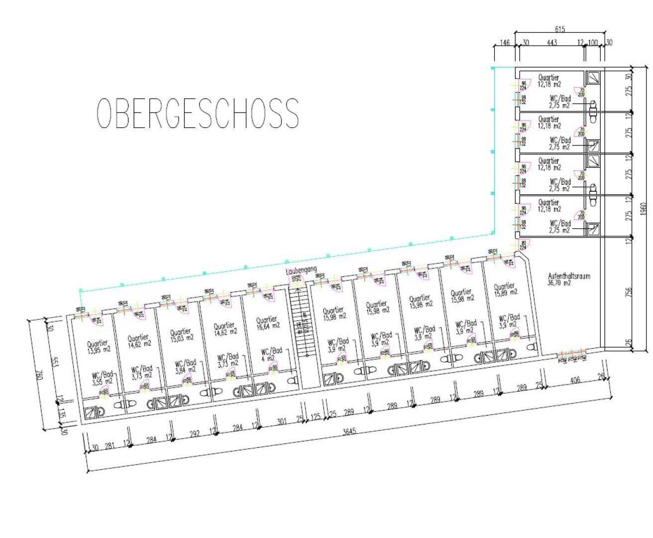 Grundriss des Obergeschosses mit weiteren Wohneinheiten und Laubengang.
