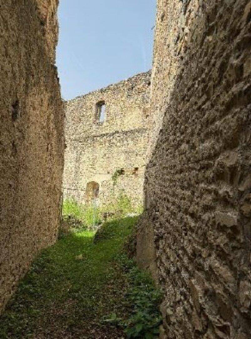 Ein schmaler Pfad zwischen hohen, alten Steinmauern einer Burgruine, bewachsen mit Gras.