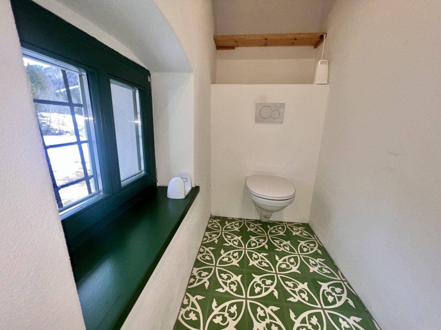 Separate Toilette mit Wand-WC, Fenster und gemusterten grünen Bodenfliesen.