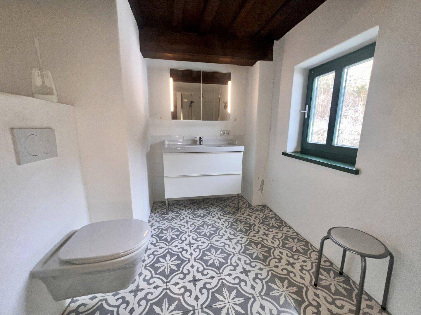Badezimmer mit modernem Waschtisch, Wand-WC und gemusterten Fliesenboden.