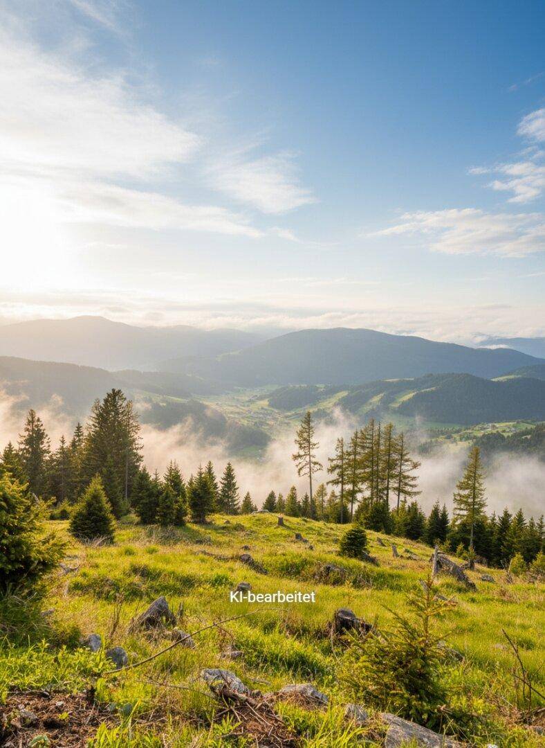 Atemberaubender Panoramablick auf nebelverhangene Berge und grüne Täler bei Sonnenaufgang oder Sonnenuntergang.