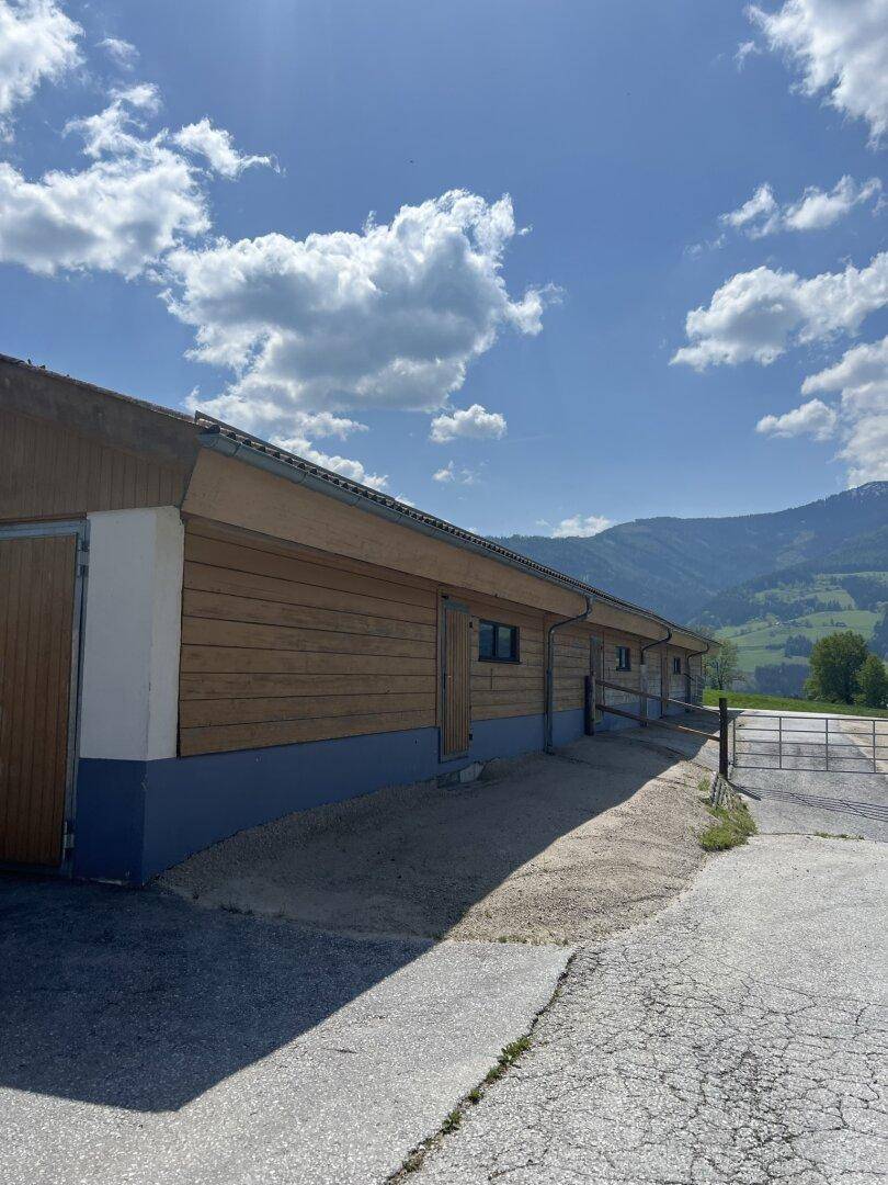 Langes Gebäude mit moderner Holzfassade und blauem Sockel, eingebettet in eine grüne Berglandschaft.