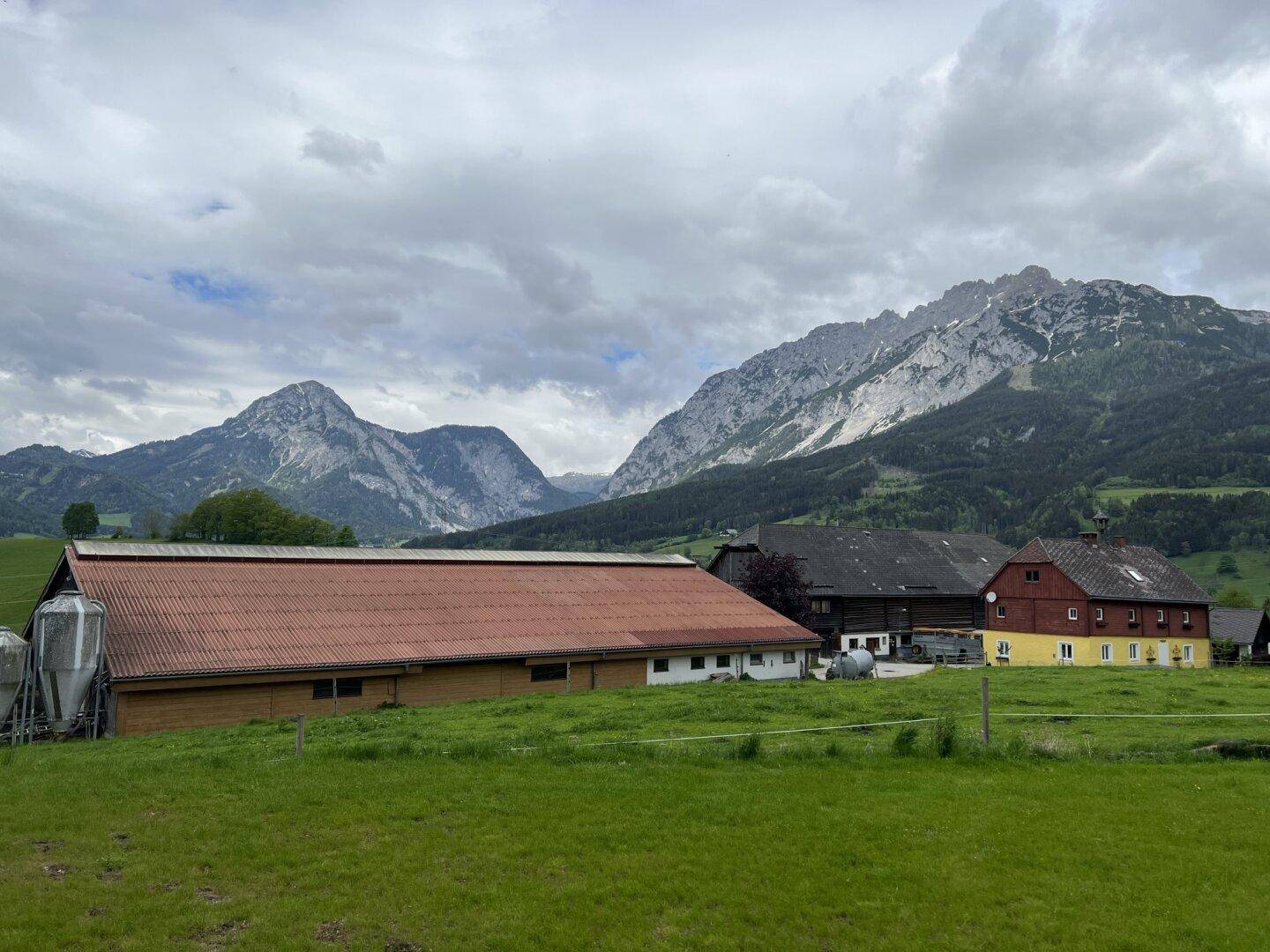 Ländliches Anwesen mit mehreren Gebäuden und weiten Wiesen, umgeben von einer beeindruckenden Bergkulisse.