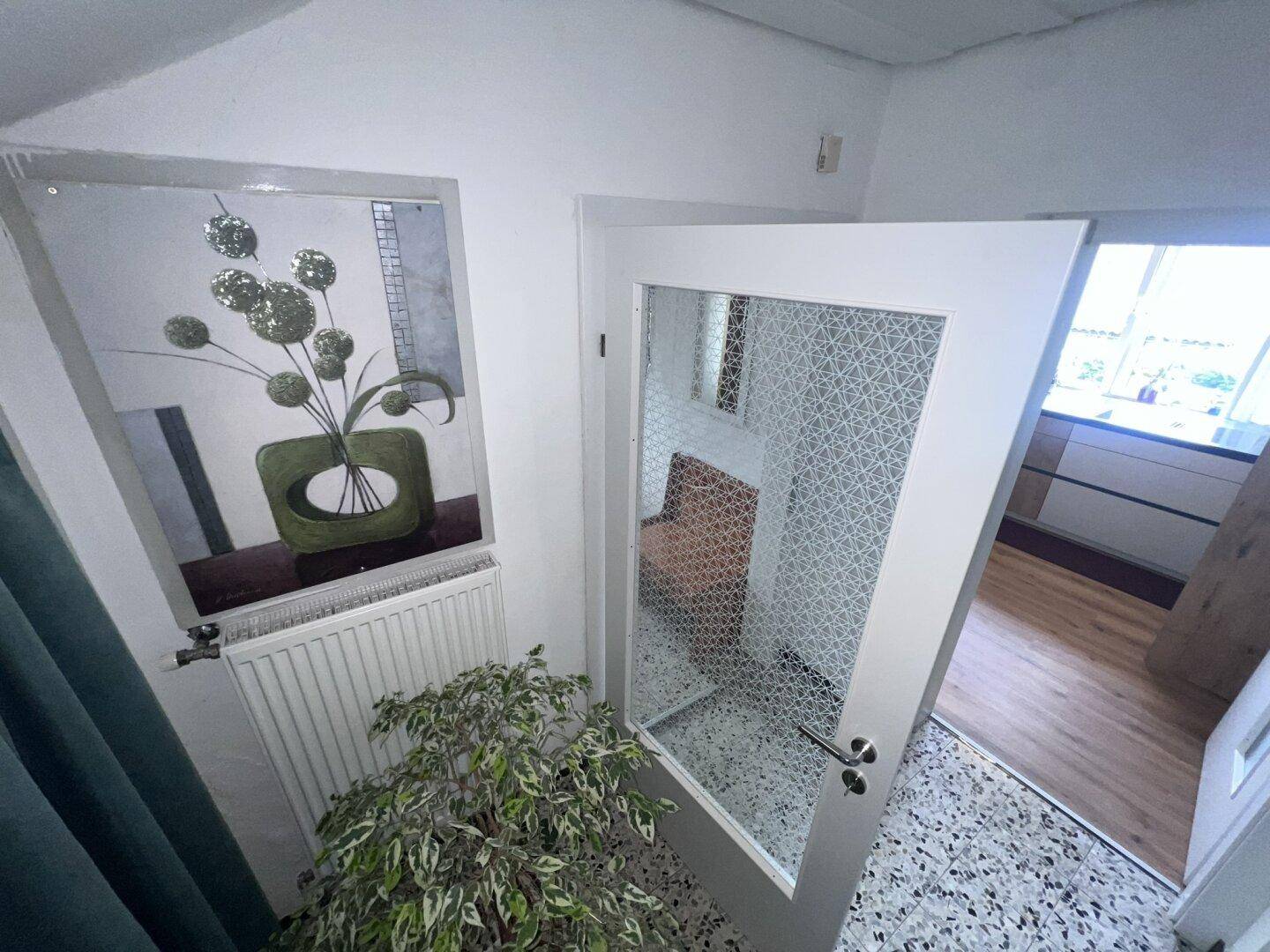Eingangsbereich mit gemustertem Glas in der Tür, Heizkörper und einer Zimmerpflanze am Fenster.
