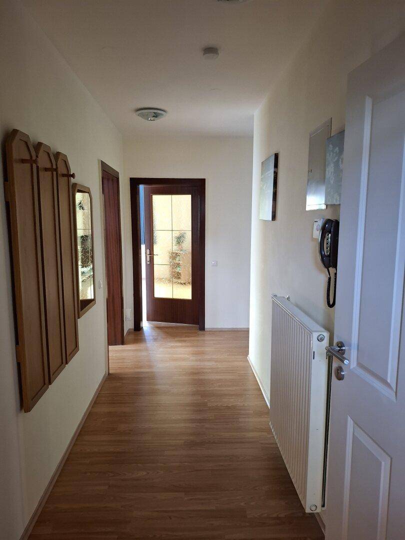 Langer Flur mit Laminatboden und Holztüren, hell und einladend.