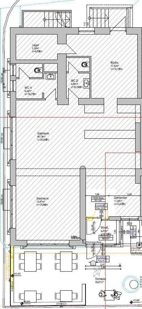 Grundriss des Erdgeschosses mit Gasträumen, Küche, Toiletten und einer Außenterrasse.
