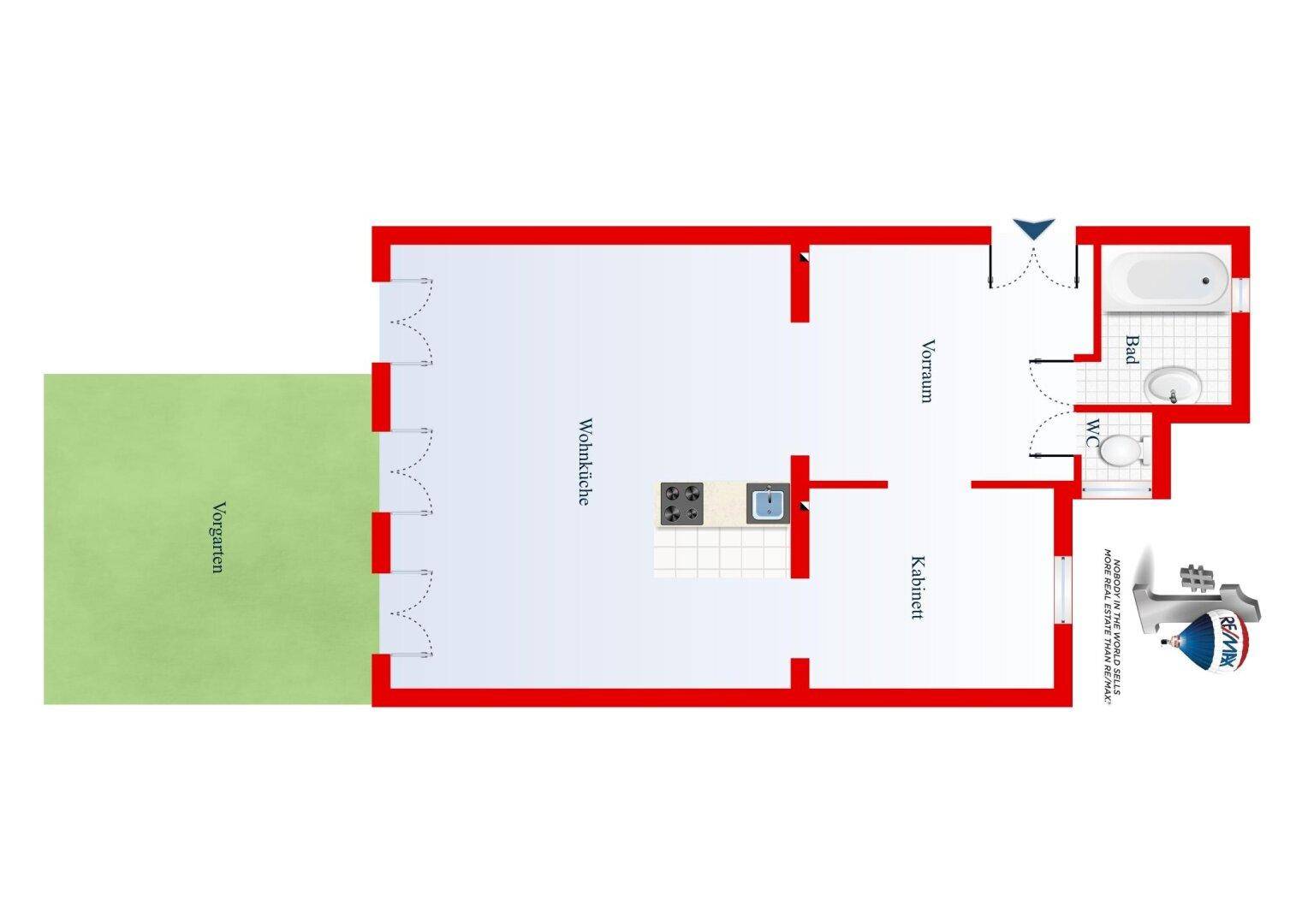 Grundriss der Wohnung mit Wohnküche, Bad, separatem WC und Vorgarten.