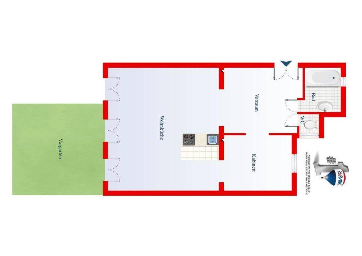 Detaillierter Grundriss mit Aufteilung in Wohnküche, Bad, WC und Zugang zum Vorgarten.
