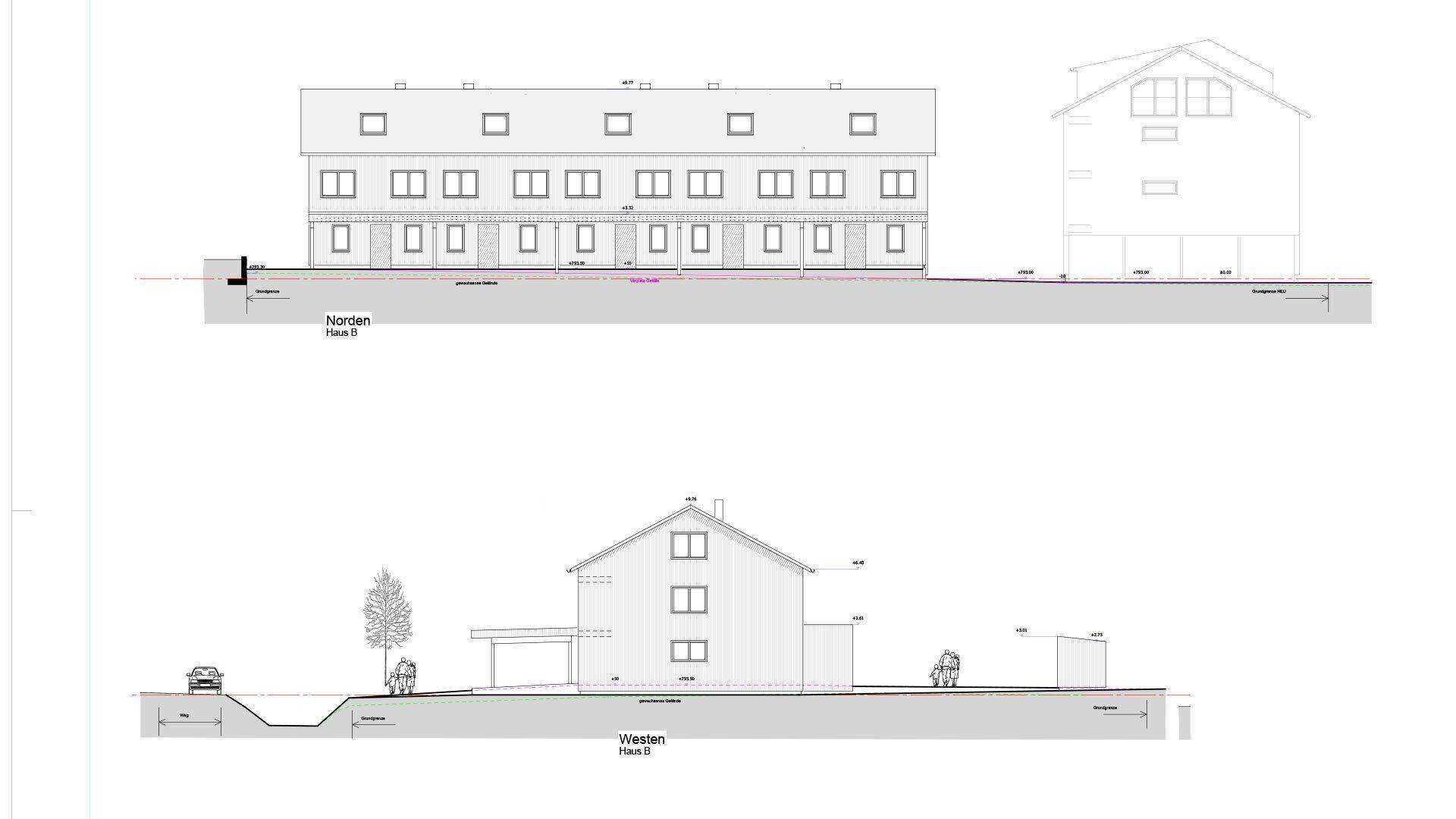 Architektonische Zeichnung mit Ansichten der Gebäudefassaden und Höhenprofile.