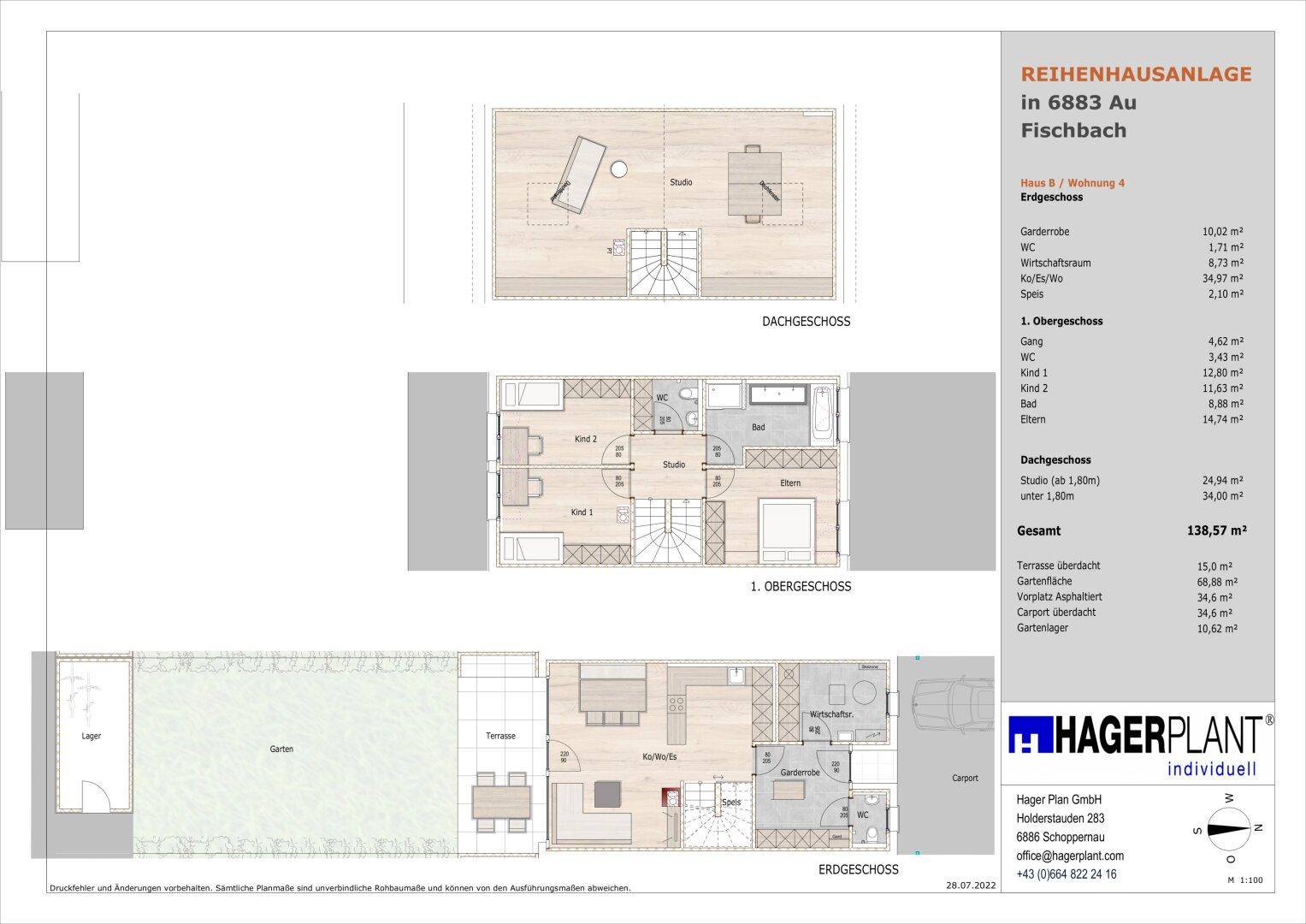 Detaillierter Grundriss einer Reihenhauseinheit mit Erdgeschoss, Obergeschoss und Dachgeschoss.