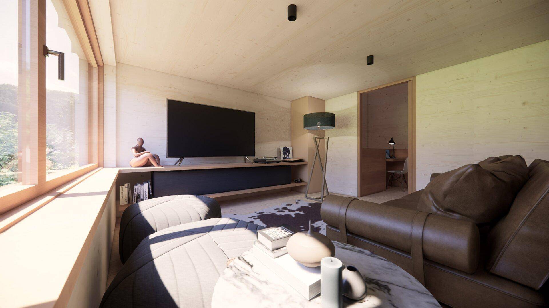 Gemütliches Wohnzimmer mit großem Fenster, bequemer Couch und modernem Entertainment-Bereich.