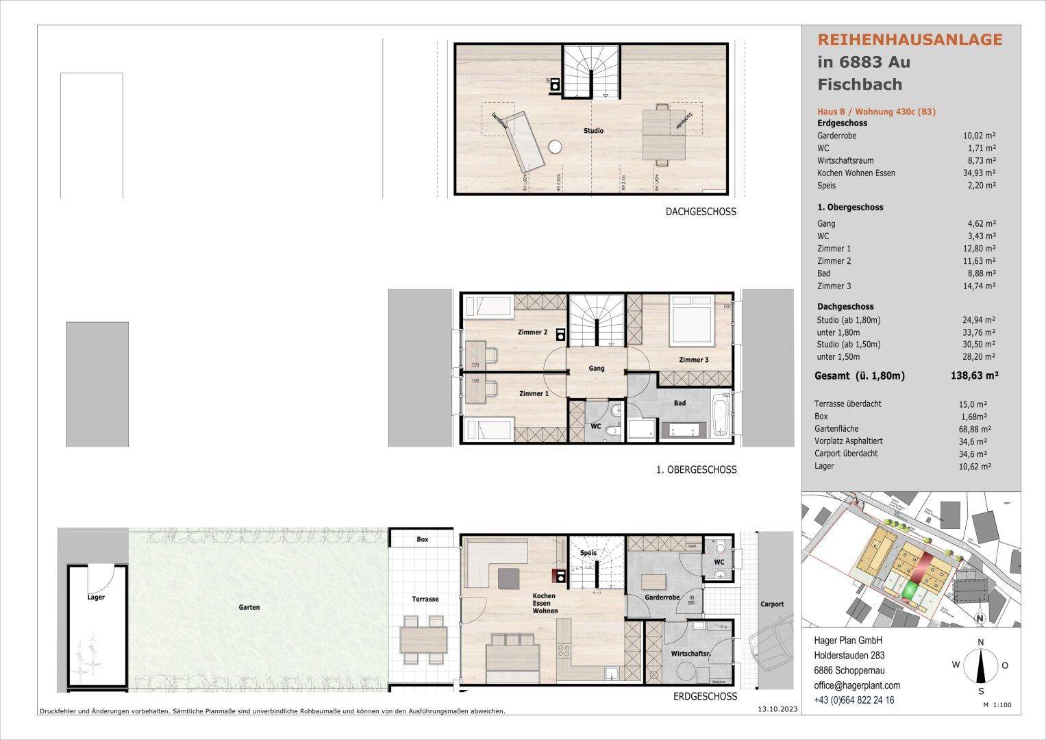 Grundriss einer Reihenhausanlage mit Erdgeschoss, Obergeschoss und Dachgeschoss, inklusive Garten und Carport.