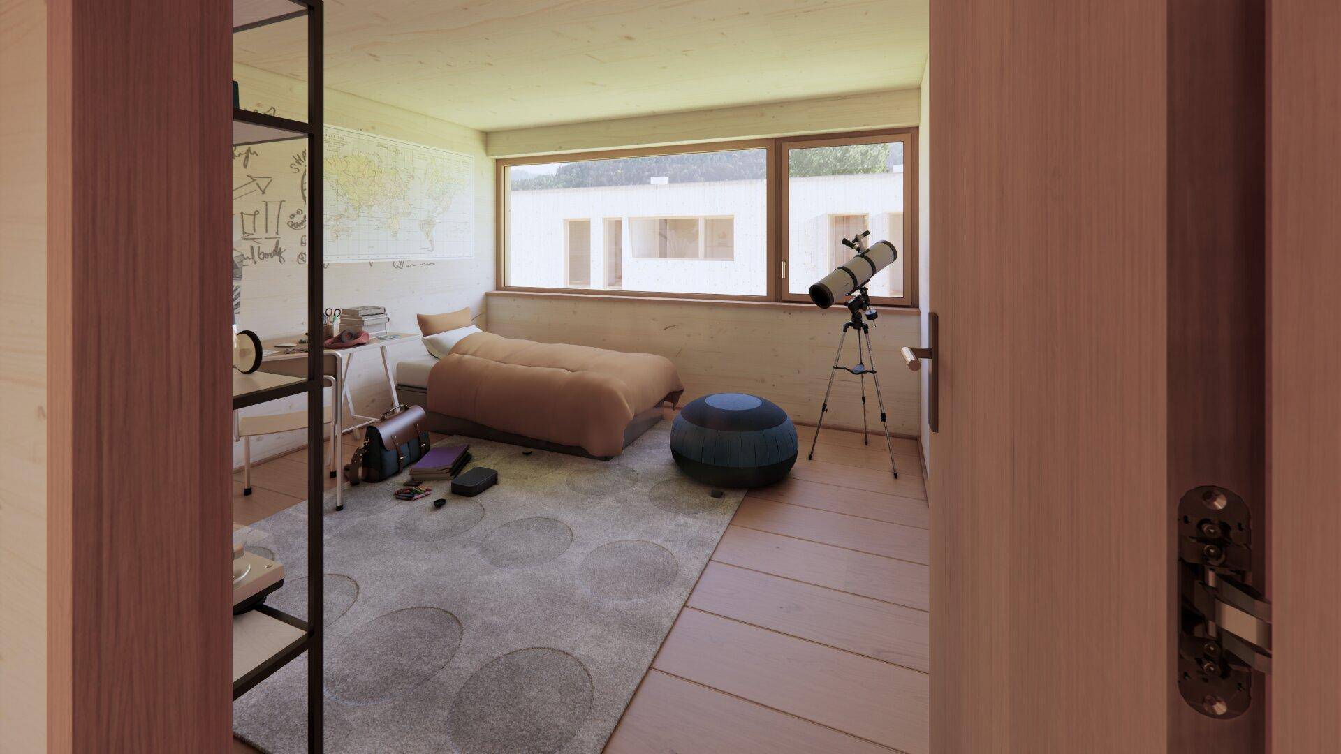 Kinderzimmer mit Holzboden, Bett, Schreibtisch und großem Fenster mit Weitblick.