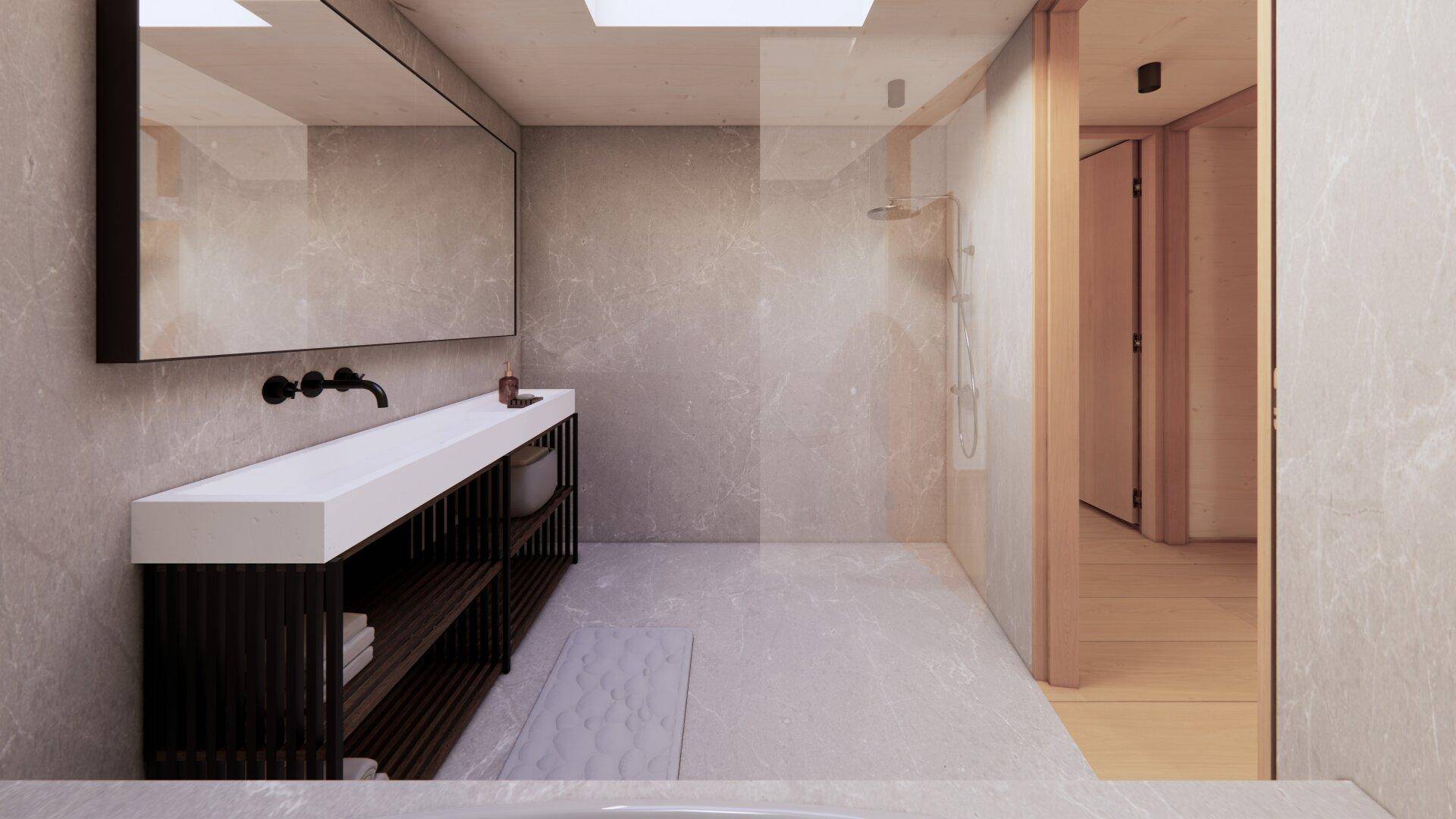 Modernes Badezimmer mit großformatigen Fliesen, begehbarer Dusche und langem Waschtisch.