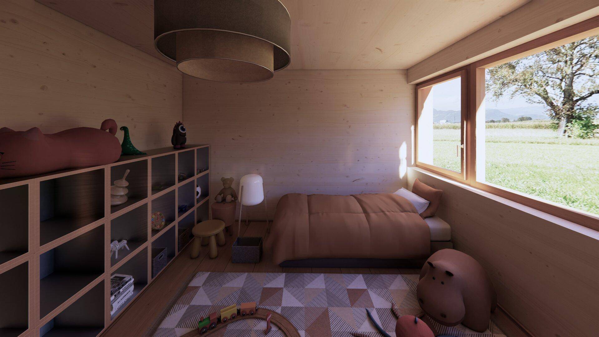 Helles Kinderzimmer mit Holzboden, Spielzeugregal und großem Fenster mit Blick ins Grüne.
