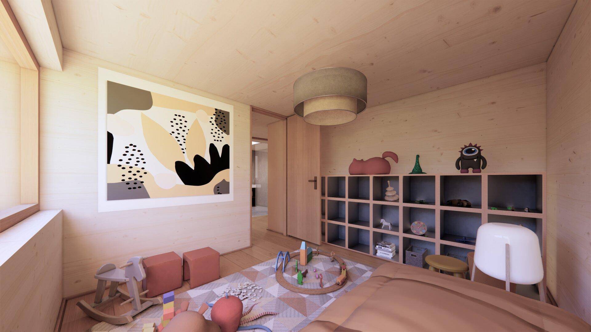 Kinderzimmer mit Holzboden, Spielteppich und Regal für Spielzeug, hell und freundlich.