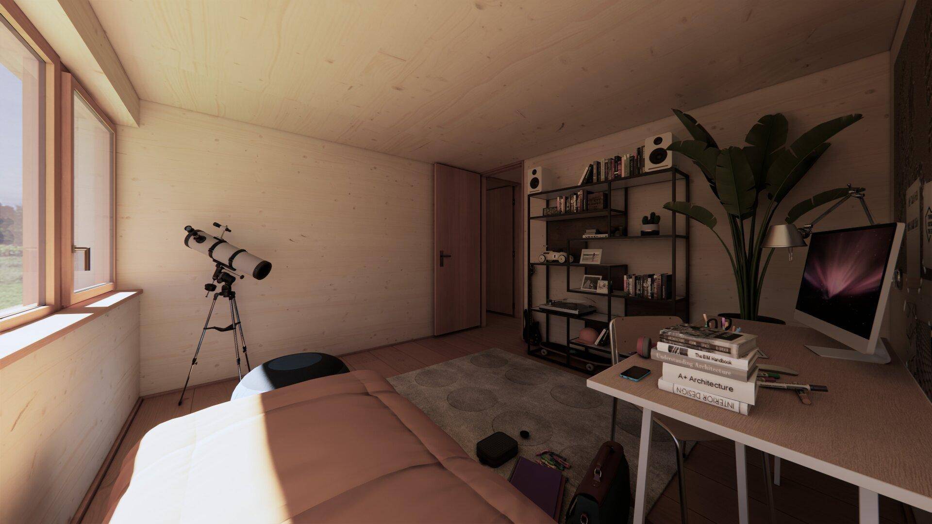 Arbeitszimmer mit Schreibtisch, Bücherregal und großem Fenster mit Blick ins Grüne.