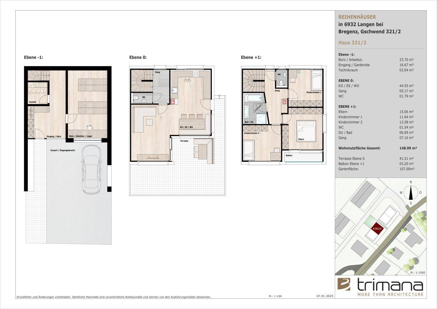 Detaillierter Grundriss eines Reihenhauses über drei Ebenen mit Terrasse und Balkon.