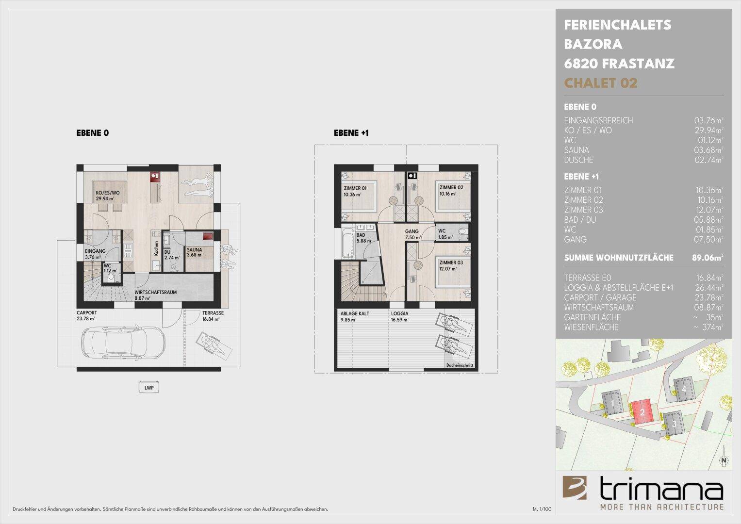 Detaillierter Grundriss von Chalet 02 mit Erdgeschoss und Obergeschoss, inklusive Nutzflächenangaben.
