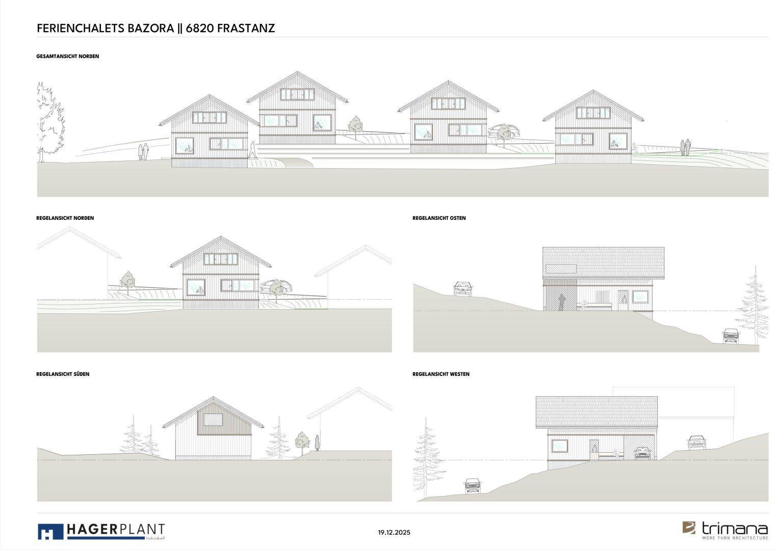 Regelansichten der Chalets von verschiedenen Seiten mit Fassadendetails.