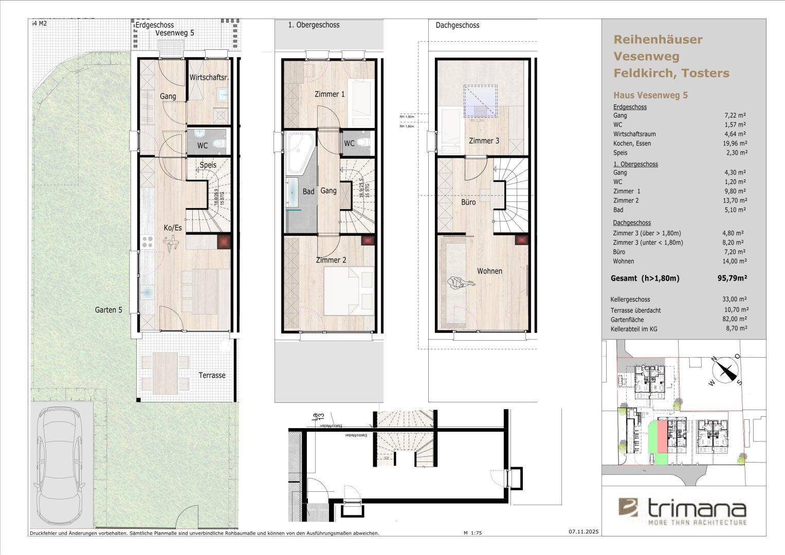 Detaillierter Grundriss eines Reihenhauses über drei Etagen mit Garten und Terrasse.