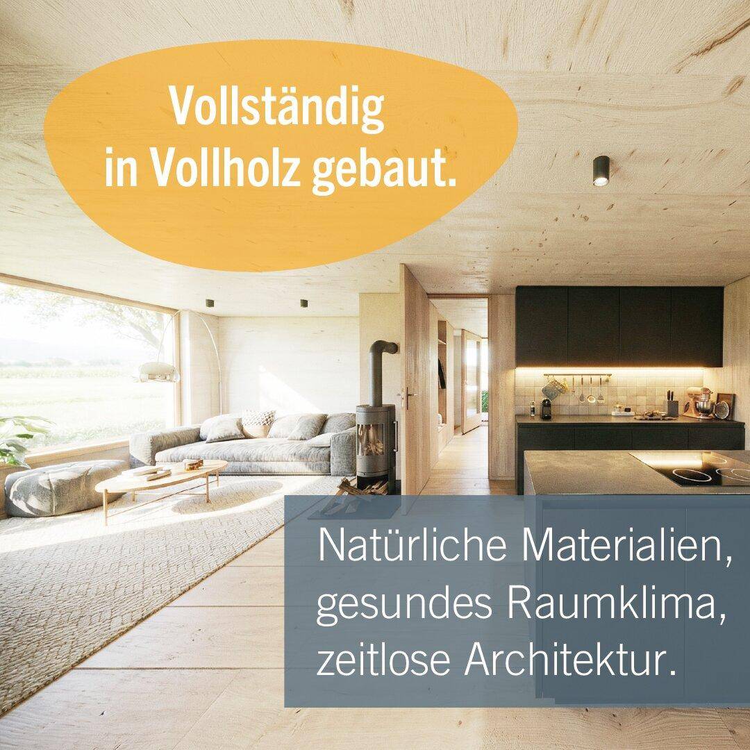 Heller, offener Wohnbereich mit Holzwänden, modernem Kamin und integrierter Küche.