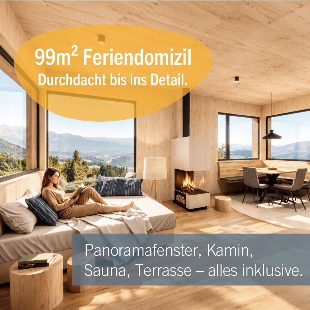 Gemütlicher Wohnbereich mit Panoramablick auf die Berge, modernem Kamin und Essbereich.