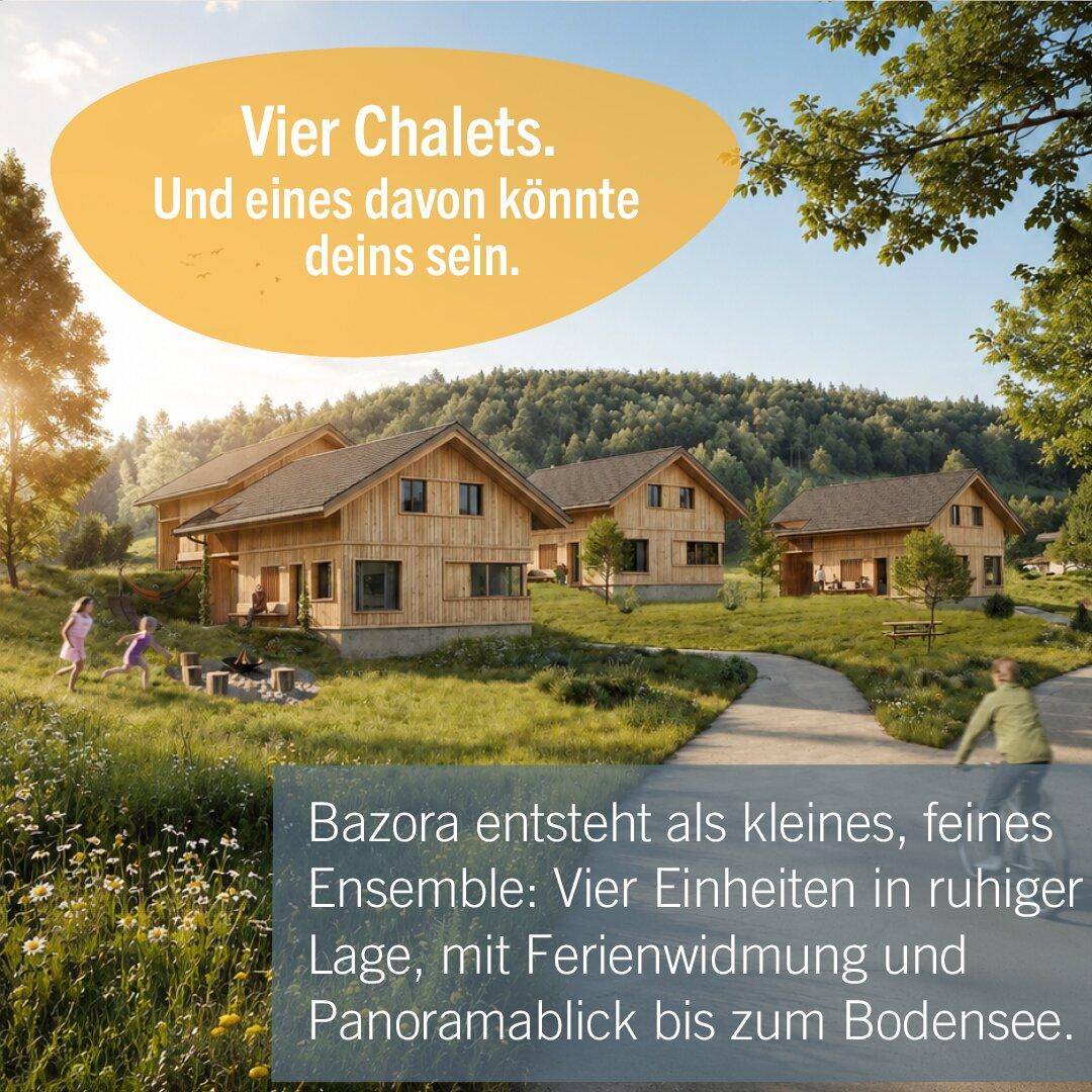 Eine Reihe von modernen Holzchalets in einer ruhigen, grünen Hügellandschaft mit weitem Panoramablick.