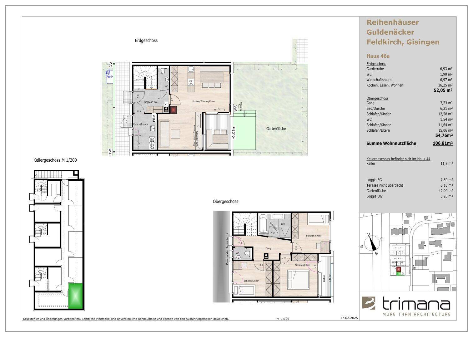 Grundrisspläne eines Reihenhauses mit Erd-, Ober- und Kellergeschoss, offenem Wohnbereich, Garten, Terrasse und Loggien.