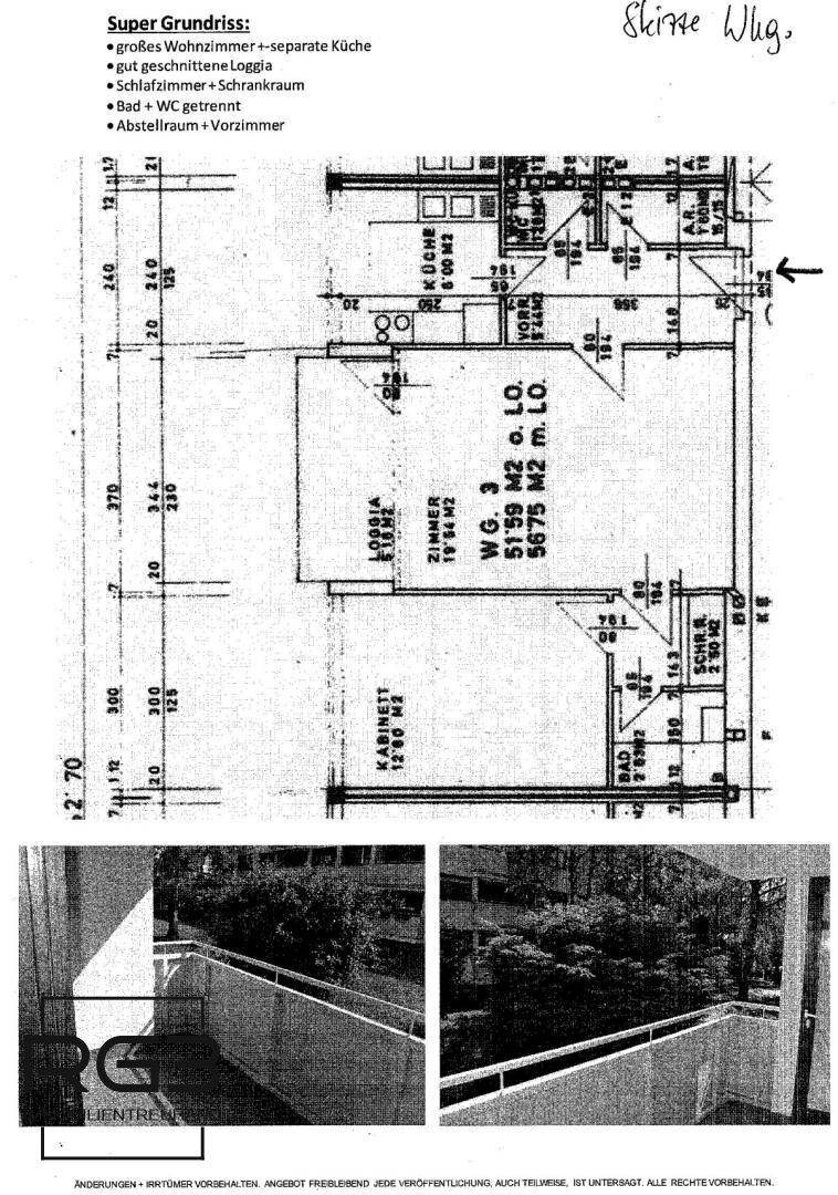 Grundriss der Wohnung mit separater Küche, Loggia und mehreren Zimmern.