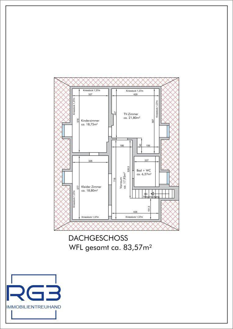 Grundriss des Dachgeschosses mit Kinderzimmer, TV-Zimmer und Bad.