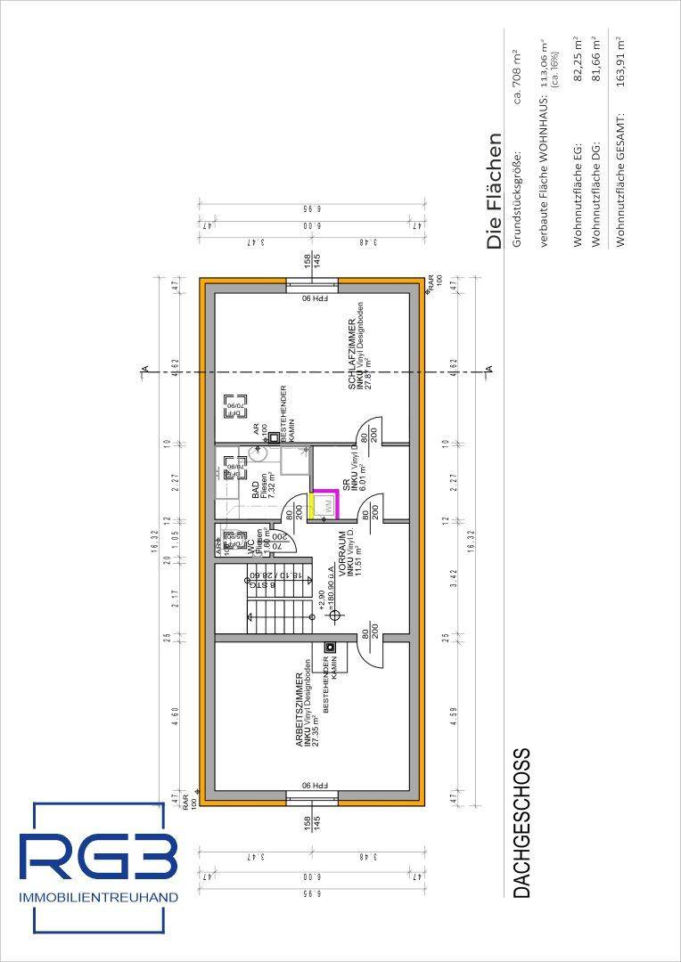 Grundriss des Dachgeschosses mit Schlafzimmern, Arbeitszimmer und Bad, inklusive Flächenangaben.