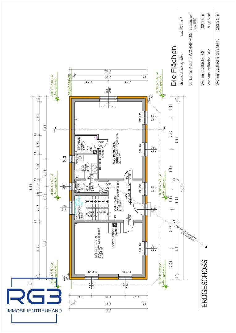 Grundriss des Erdgeschosses mit Wohnzimmer, Küche, Bad und Vorraum, inklusive Flächenangaben.