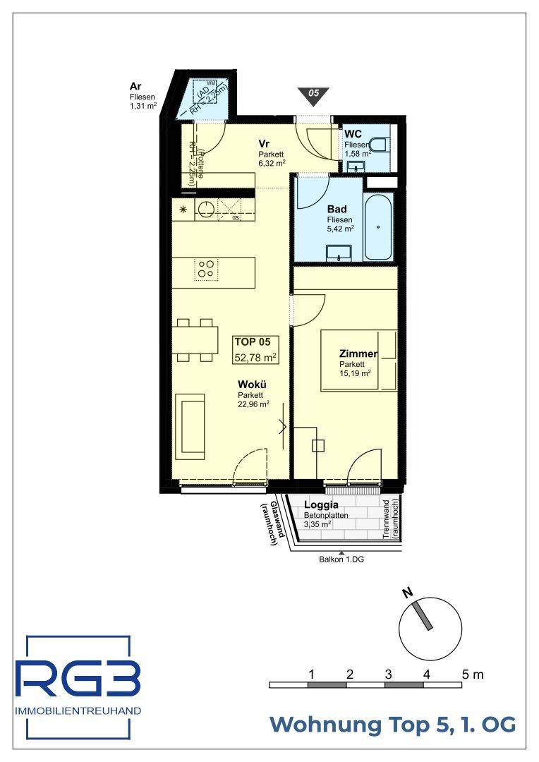 Grundriss der Wohnung Top 05 im ersten Obergeschoss mit Loggia und Balkon.