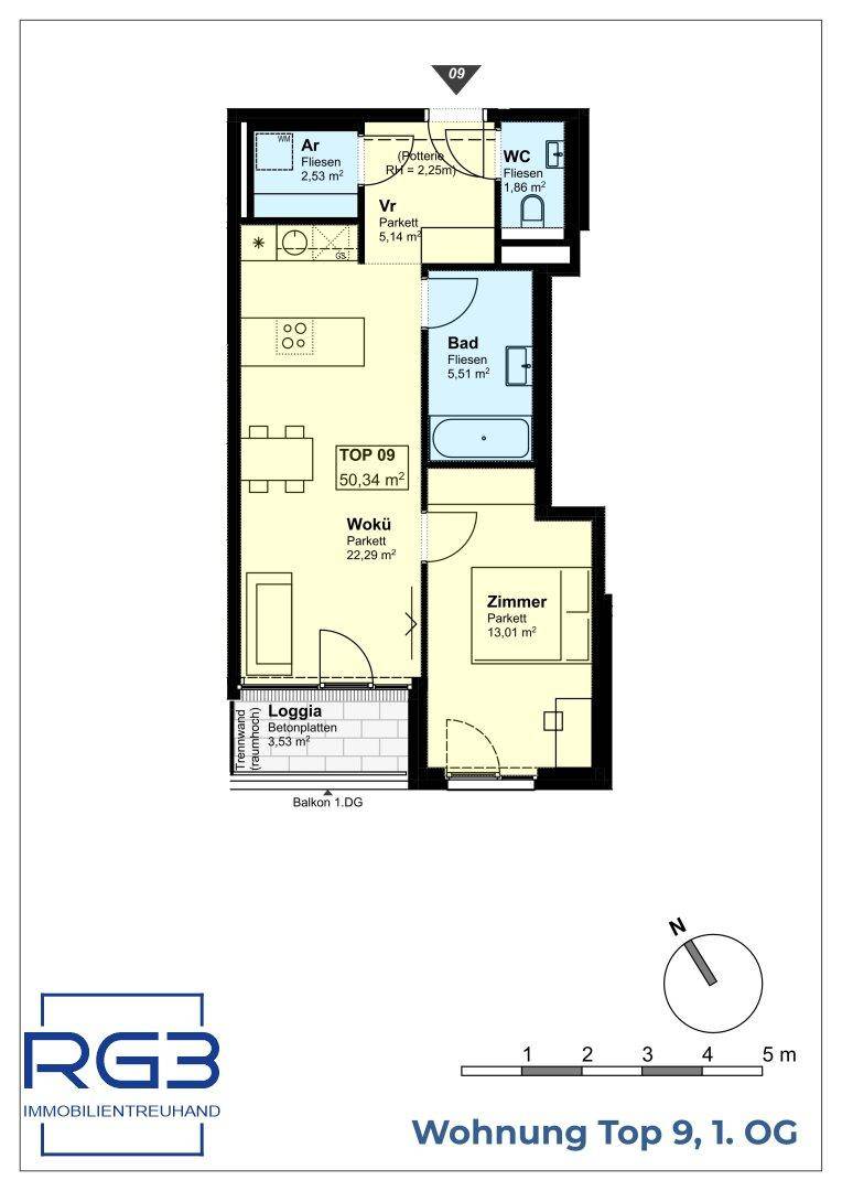 Grundriss der Wohnung Top 9 im ersten Obergeschoss mit Loggia und separatem WC.