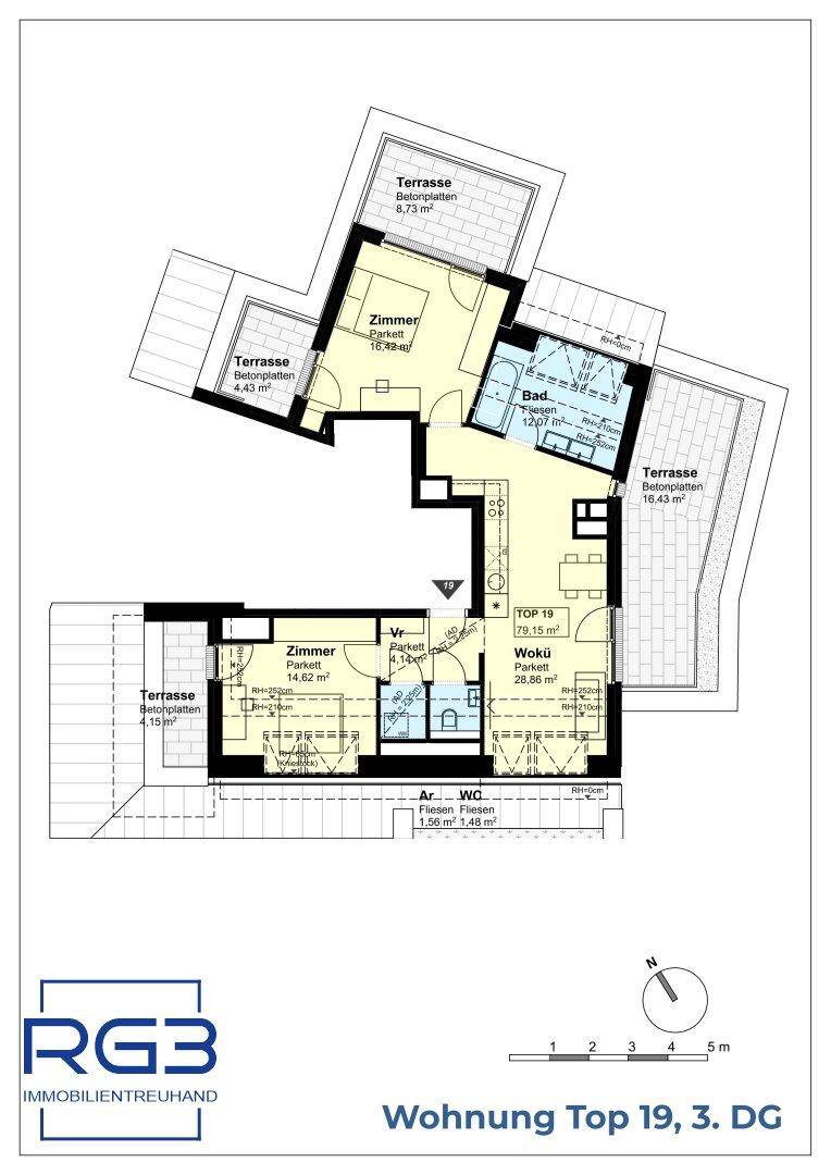 Detaillierter Grundriss der Wohnung Top 19 im 3. Dachgeschoss mit Terrassen.