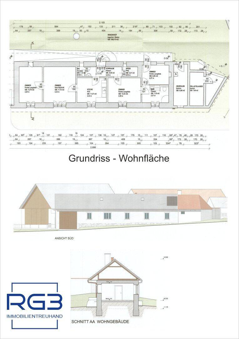 Detaillierter Grundriss der Wohnfläche mit Ansichten und Schnitt des Wohngebäudes.