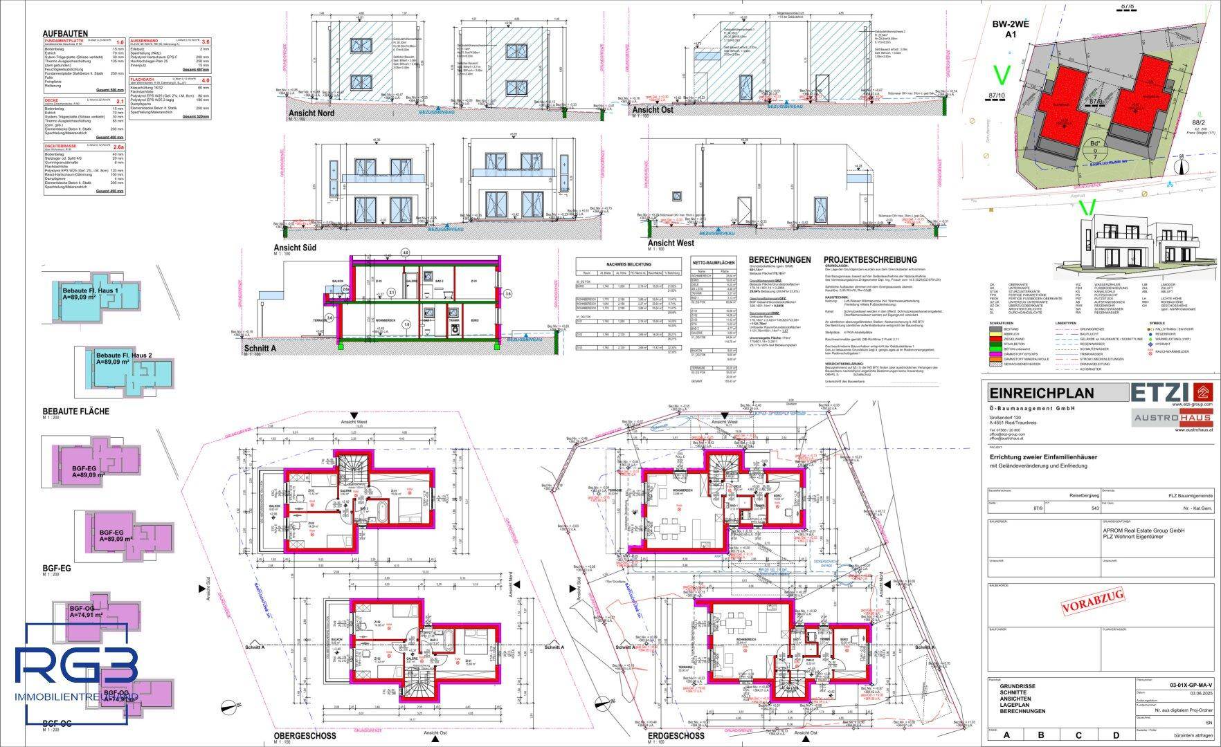 Detaillierter Einreichplan mit Grundrissen, Ansichten und Schnitten für ein modernes Mehrfamilienhaus.