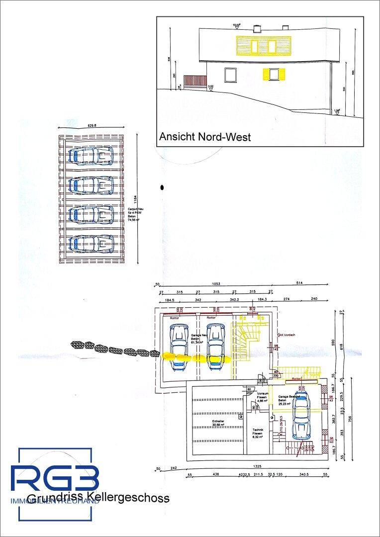 Einfamilienhaus – Grundriss Kellergeschoss mit Garagen und Nordwestansicht