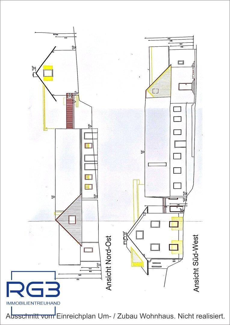 Wohnhaus – Geplante Ansichten Nordost und Südwest (nicht realisiert)