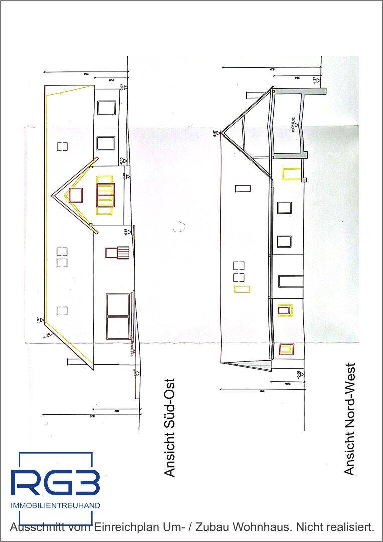 Wohnhaus – Geplante Ansichten Südost und Nordwest (nicht realisiert)