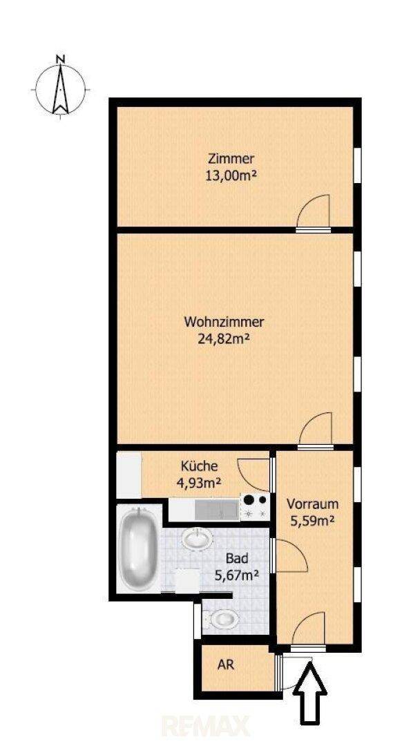 Grundriss der Wohnung mit Zimmern, Bad, Küche und Vorraum.