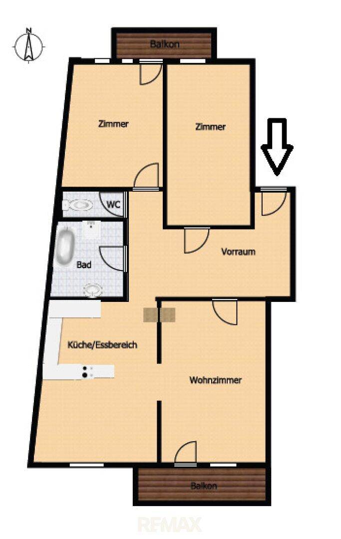 Grundriss einer Wohnung mit zwei Balkonen, Küche/Essbereich, Wohnzimmer, Bad und separatem WC.