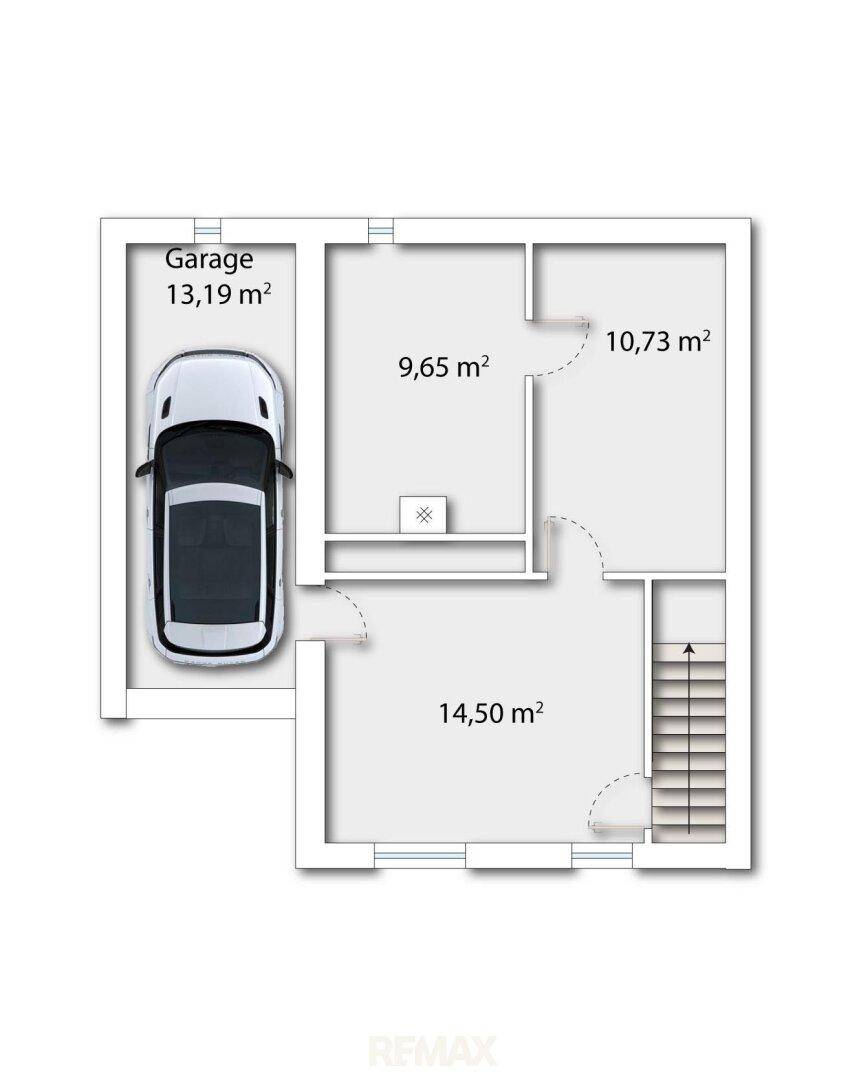 Grundriss des Untergeschosses mit Garage und weiteren Räumen.