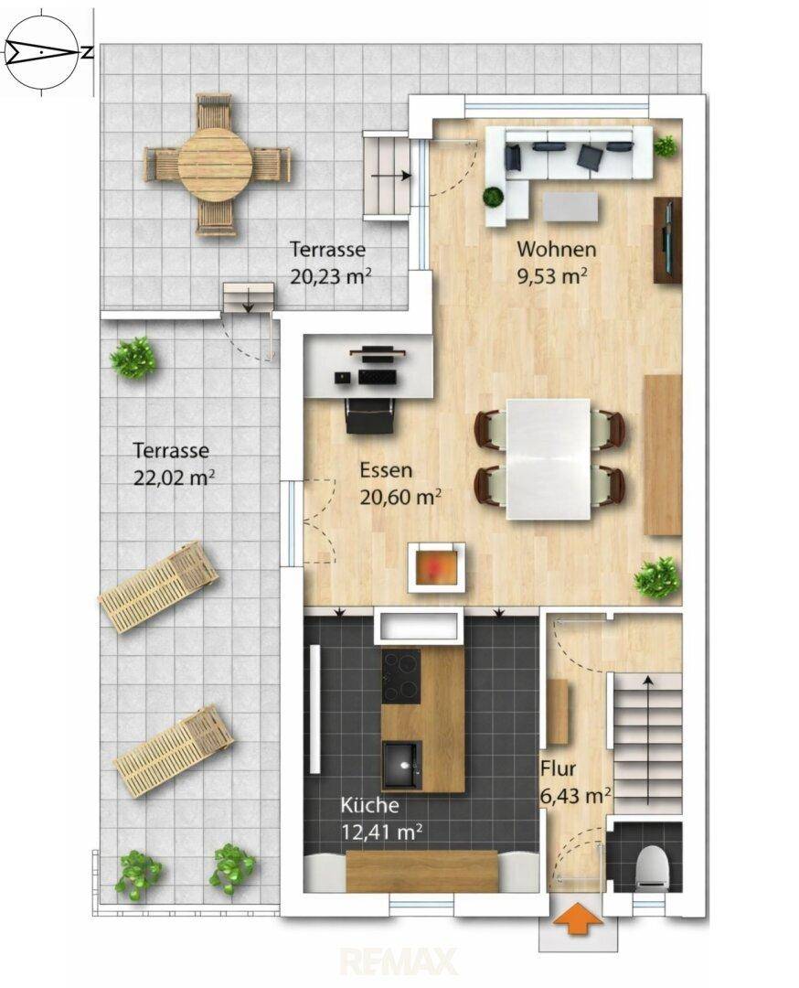 Grundriss des Erdgeschosses mit offener Küche, Essbereich und zwei Terrassen.