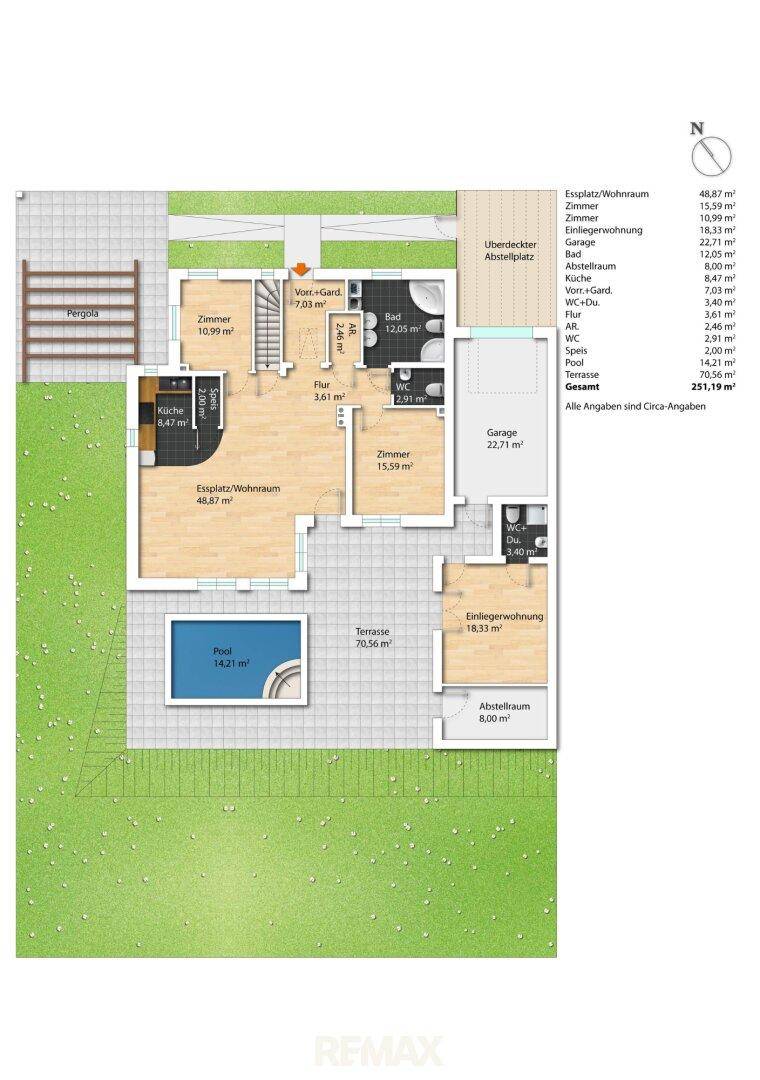 Detaillierter Grundriss des Erdgeschosses mit offenem Wohnbereich, Küche, Schlafzimmern und Pool.