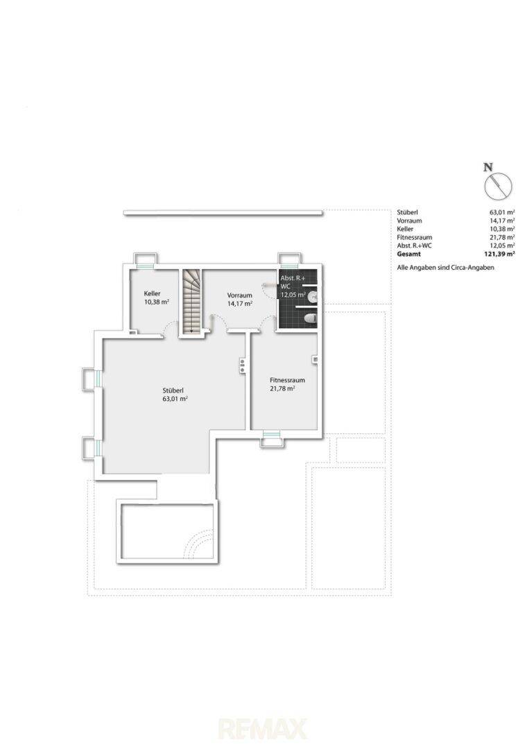 Grundriss des Untergeschosses mit großem Hobbyraum, Fitnessbereich und zusätzlichem WC.