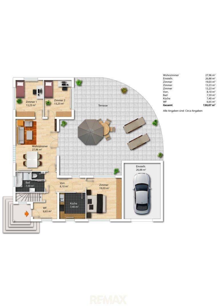 Grundriss des Erdgeschosses mit Wohnzimmer, Küche, Schlafzimmern und Terrasse.