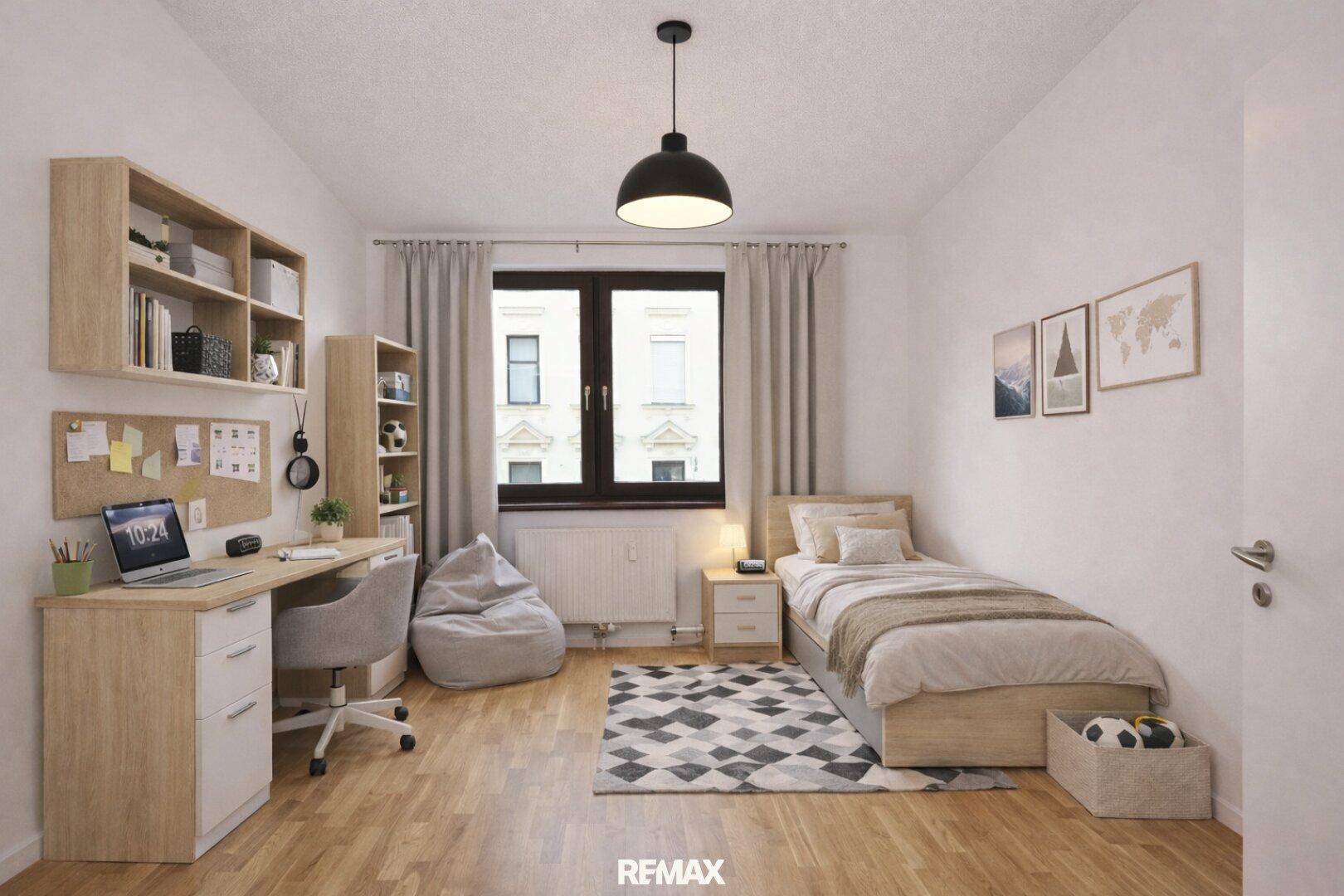 Jugendzimmer mit Einzelbett, Schreibtisch und Holzboden.