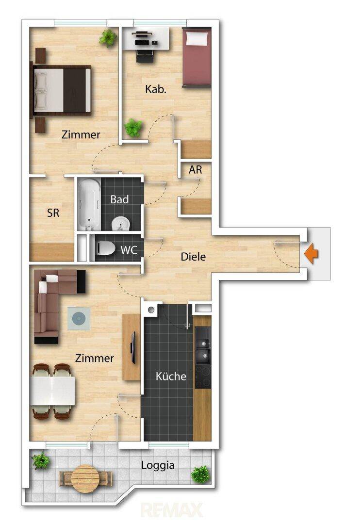 Detaillierter Grundriss der Wohnung mit Loggia und mehreren Zimmern.